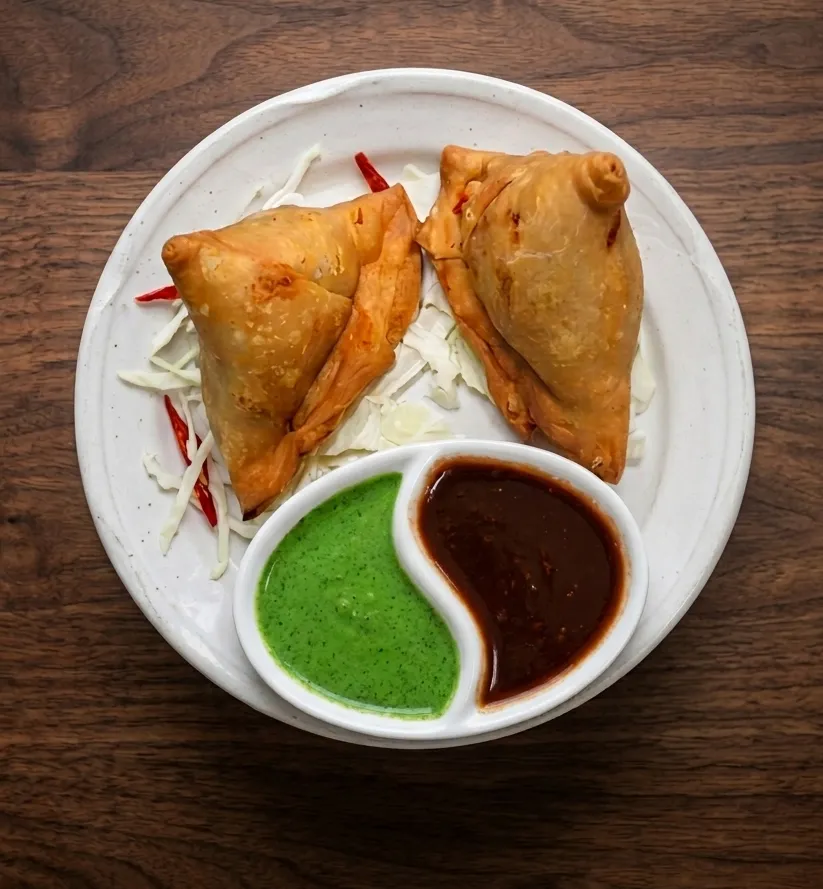 Veg samosas Indian street food at Chilli Chutney Street Kitchen south Winnipeg